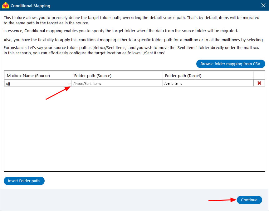 Source and target mailbox folders Source and target mailbox folders