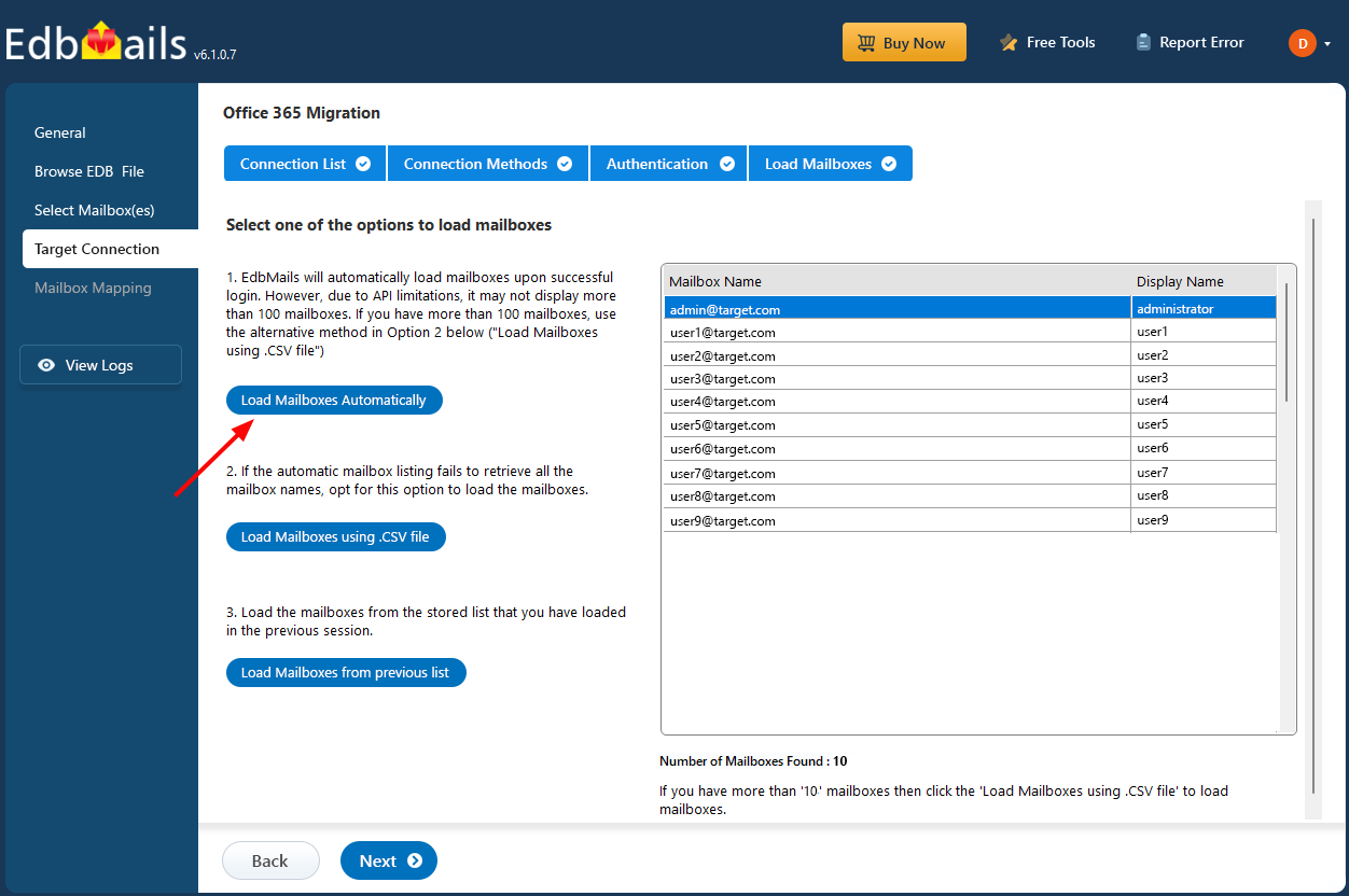 Choose the option to load the mailboxes Choose the option to load the mailboxes