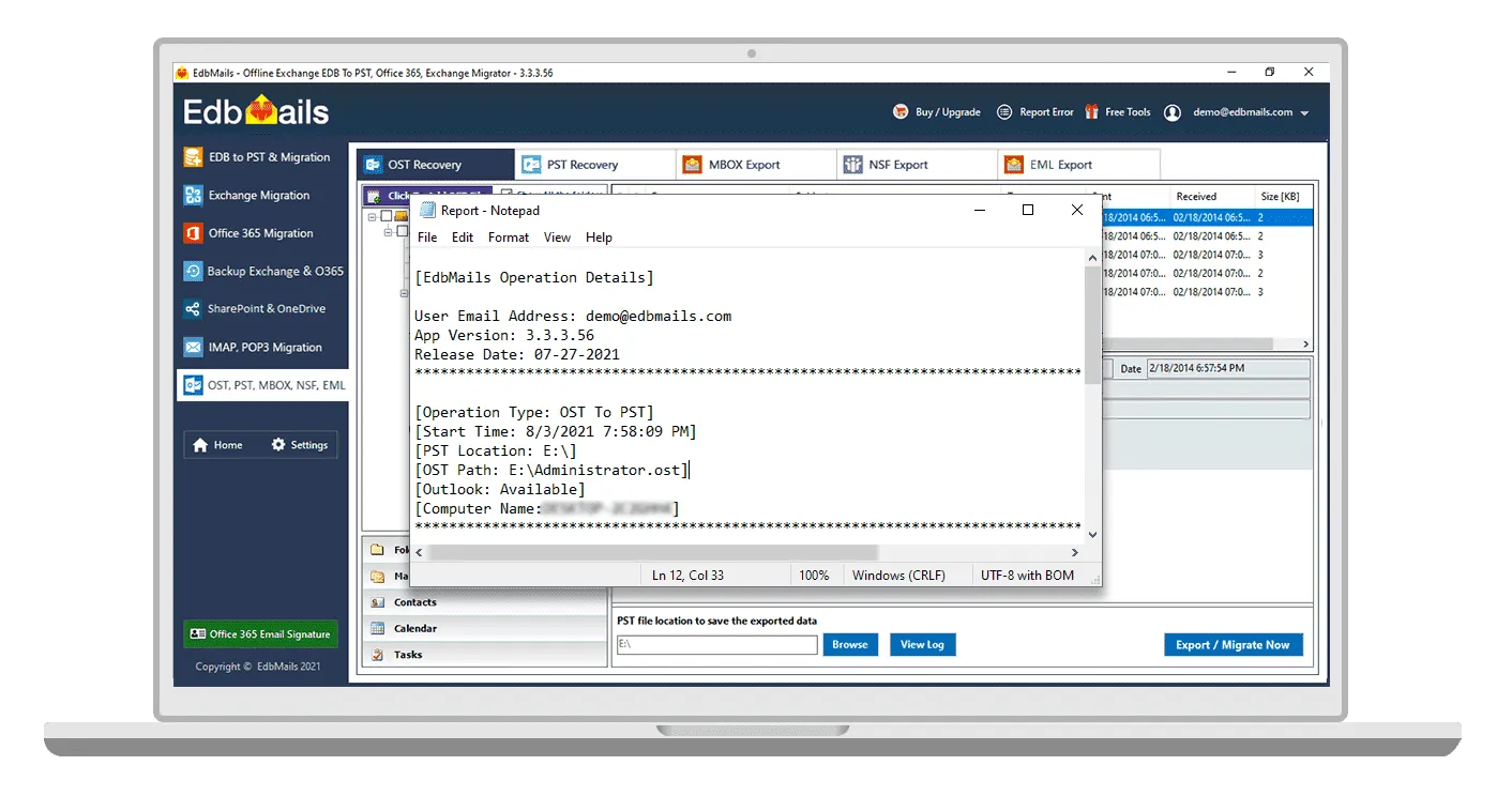 Log report for OST to PST conversion