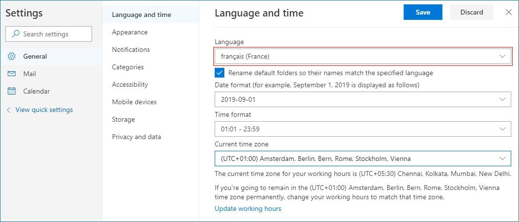 How to change language settings on Office 365?